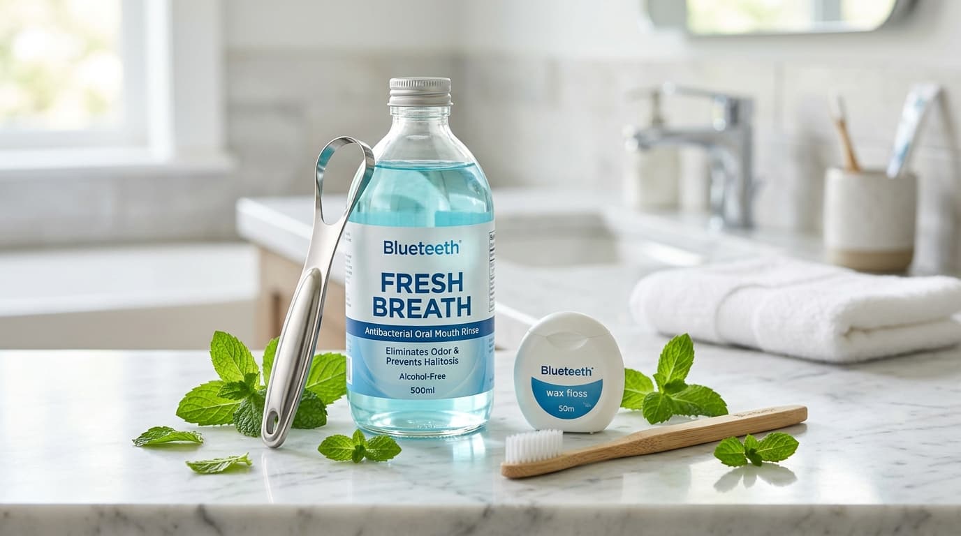 Blueteeth Fresh Breath oral rinse with medical tongue scraper and floss for halitosis prevention