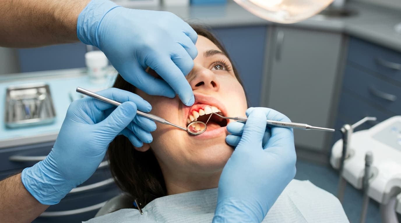 Clinical dental mirror and periodontal probe assessing inflamed bleeding gingival gumline