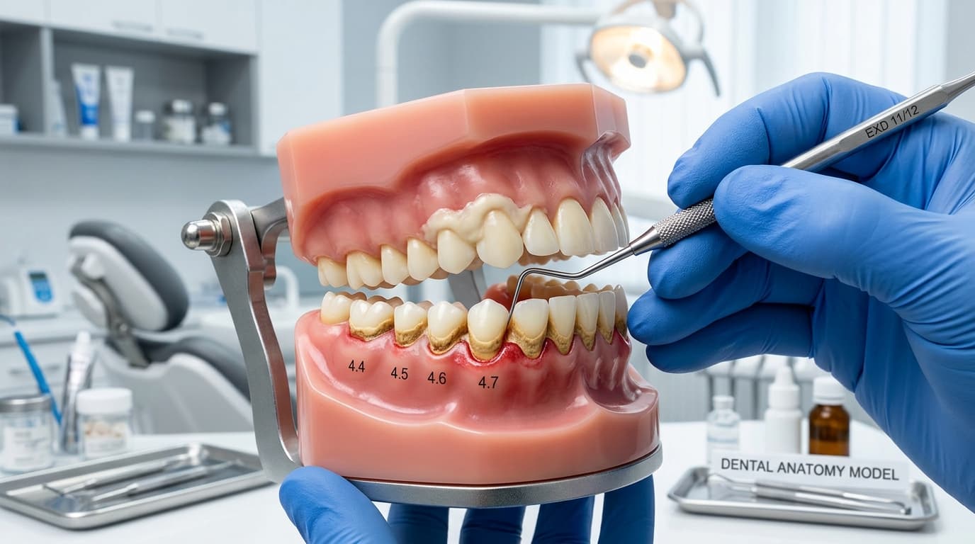 Dental anatomy model comparing soft biofilm plaque and hardened tartar calculus with periodontal probe