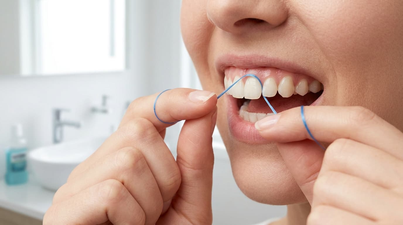 Person demonstrating proper C-shape dental flossing technique for interdental cleaning