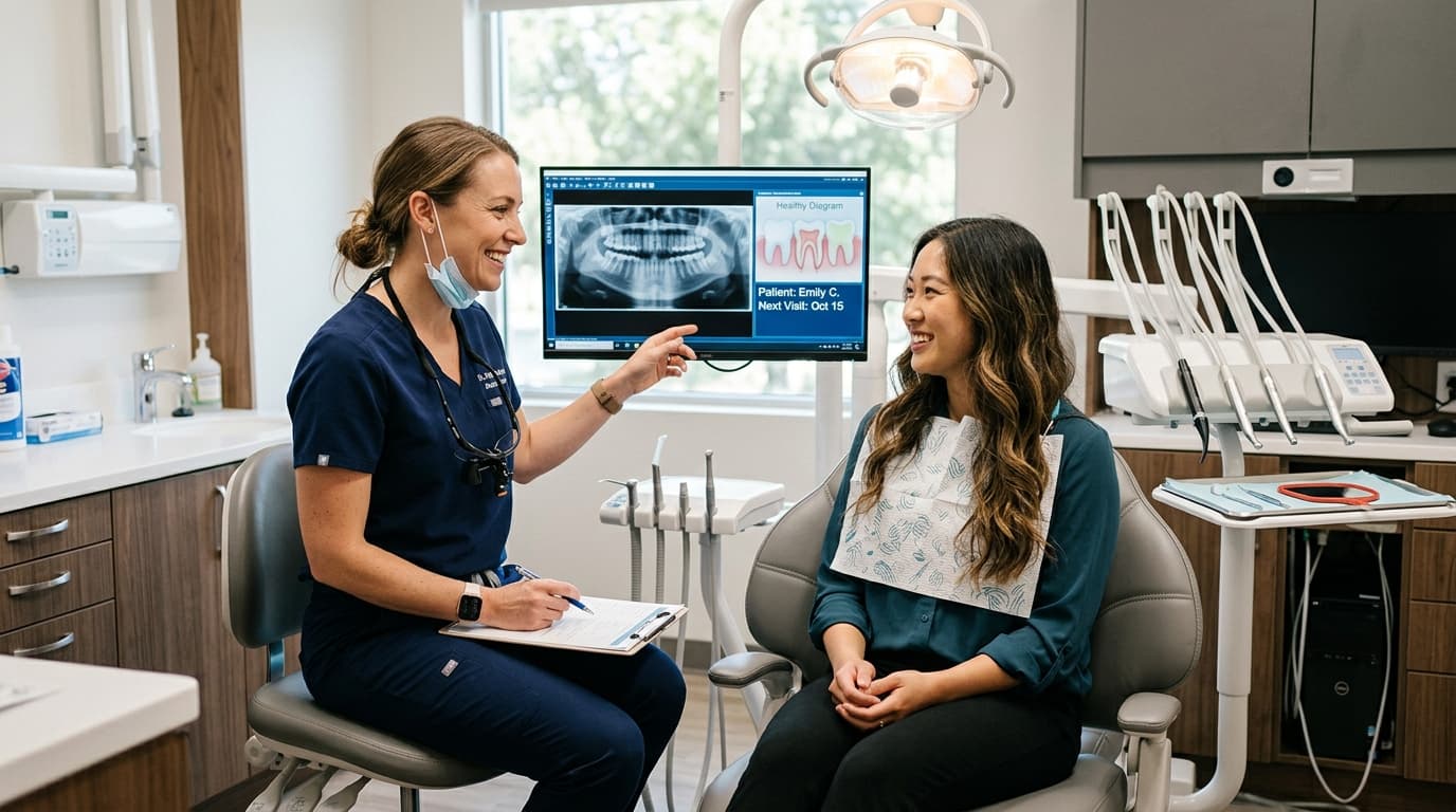 Dentist conducting a comprehensive routine oral examination and consultation in clinic operatory