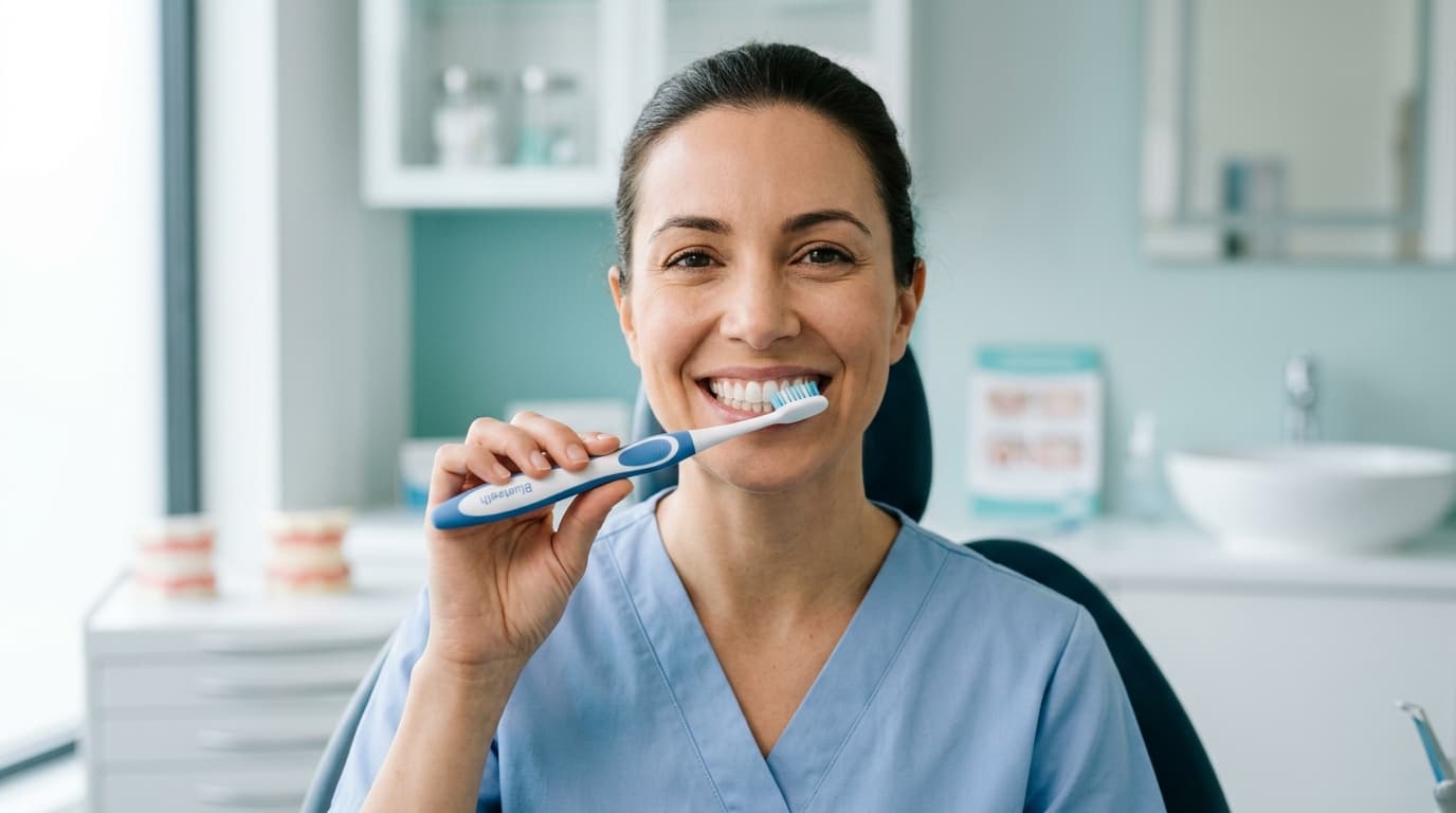 Person demonstrating proper tooth brushing technique with a soft-bristled toothbrush