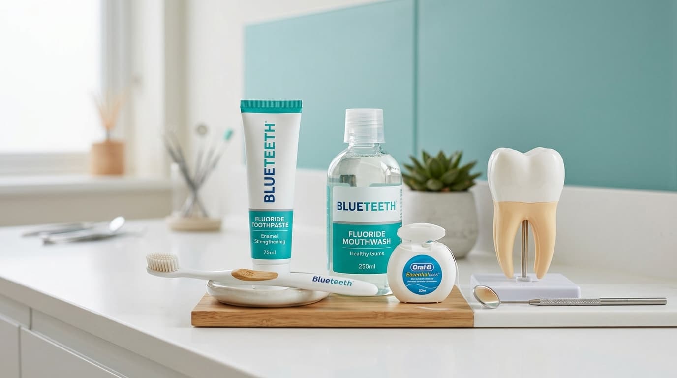 Blueteeth cavity prevention essentials including fluoride toothpaste, soft toothbrush, dental floss, and mouthwash