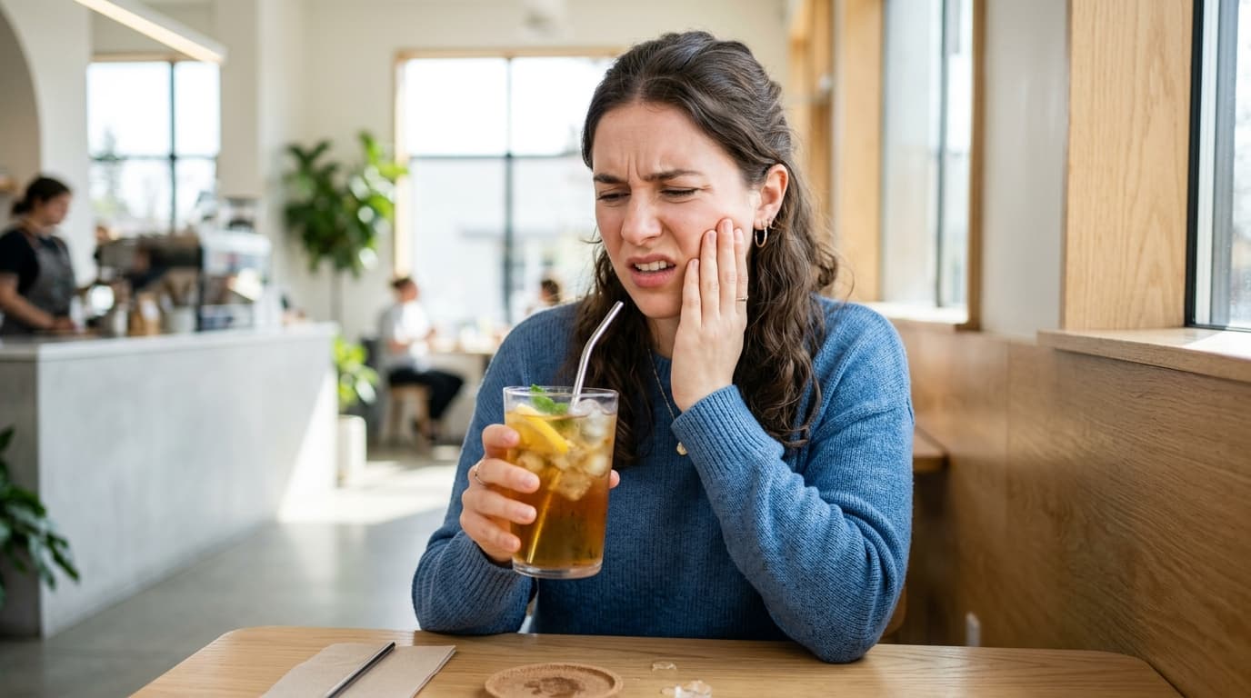Patient holding cheek due to acute tooth sensitivity triggered by cold food or drink